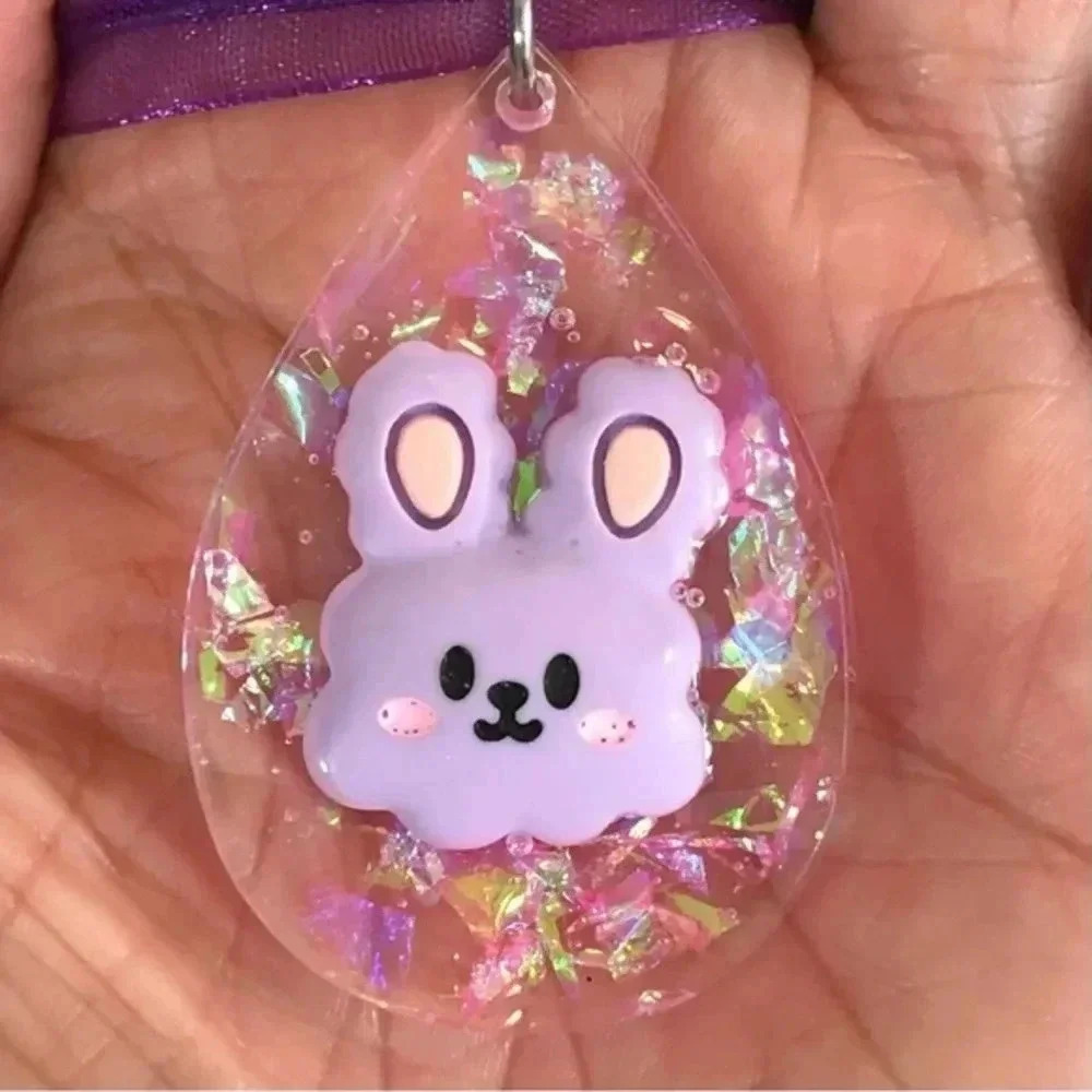 Purple Easter Bunny Rabbit Glitter Resin Taffeta Ribbon Necklace Handmade